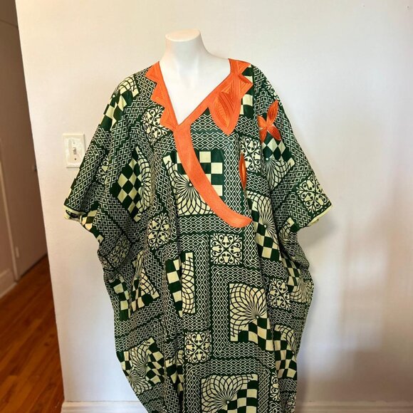 Caftan imprimé géométrique vert orange - Style bohème vintage - Picture 1 of 3